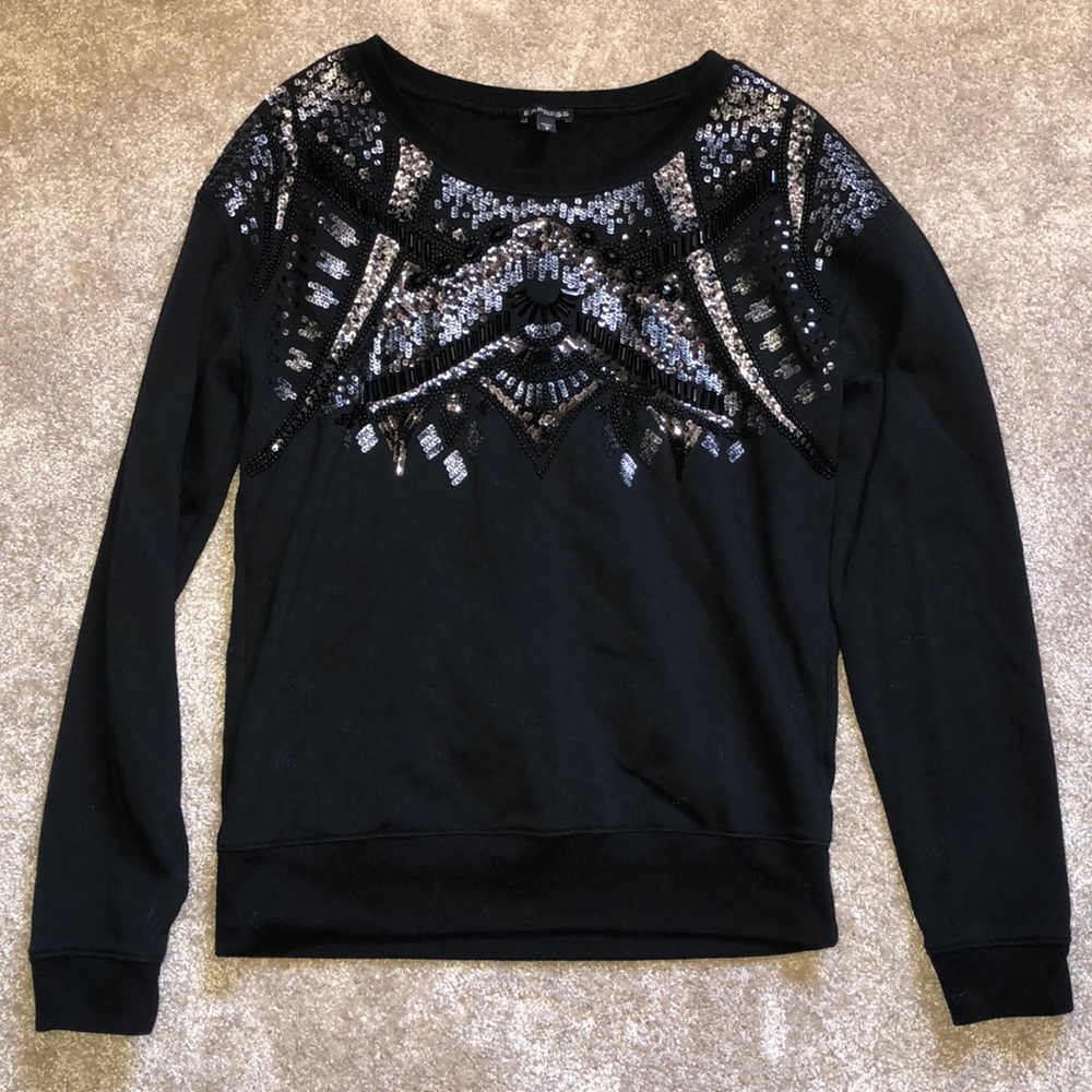 Express Black Sequin Pullover Sweater Long Sleeve